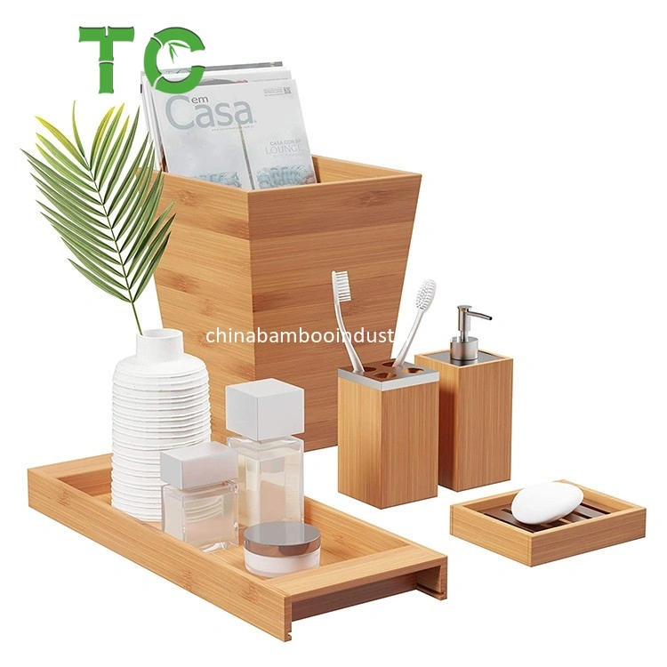 Customized Bamboo Bathroom Accessory Set 5-Piece Accessories Set, Divided Toothbrush Holder, Soap Dispenser, Soap Dish, Trash Bin, Towel Tray Accessories Set