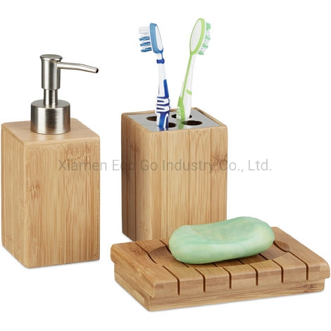 Bamboo Bathroom Accessories Set of 3, Soap Dispenser, Soap Dish and Toothbrush Holder