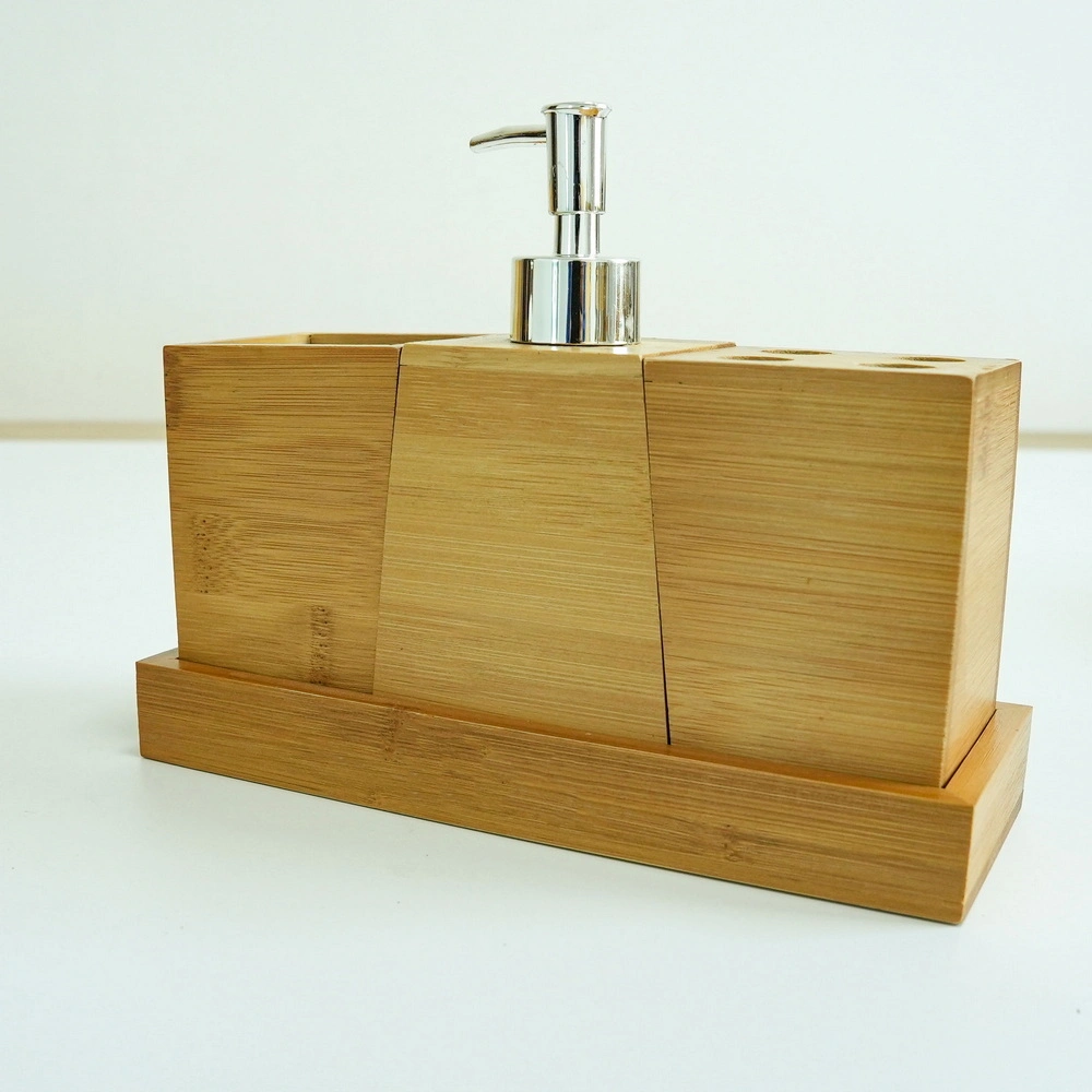 Bamboo Bathroom Accessories Set with Trash Can, Soap Dispenser, Toothbrush Holder, and Tray